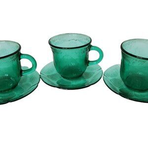 Vintage Set Of 3 Green "Forte Crisa" Glass Flat Cup and Saucer Set